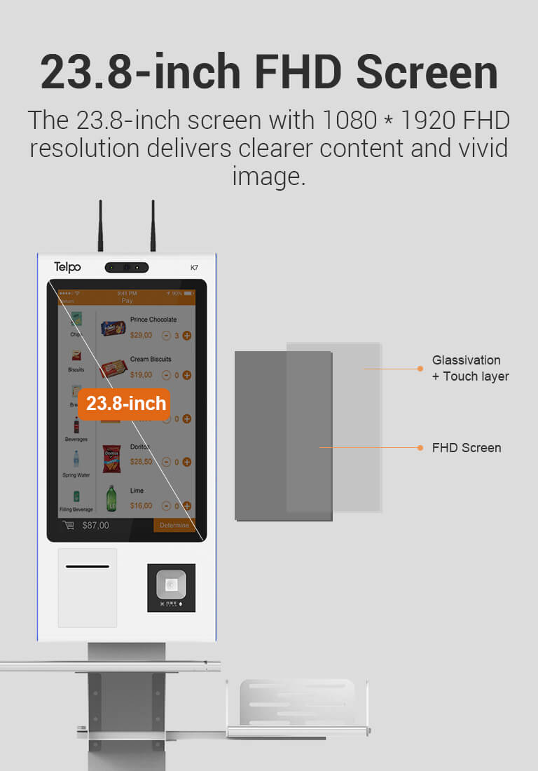 Telpo K7 Kiosk machine with FHD Display and Sensitive Ordering Panel